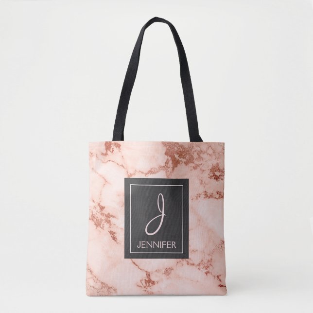 Bolsa Tote Bag do Monograma do Rosa Marble Dourado (Frente)
