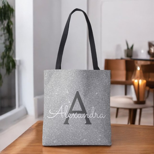 Bolsa Tote Bag do Monograma Elegante de Silver Sparkle de Lux (Criador carregado)