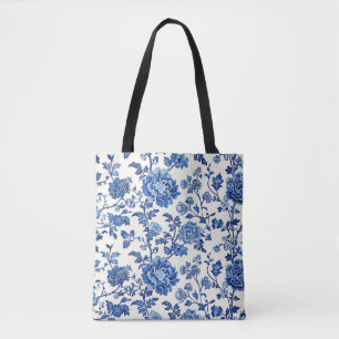 Bolsa Tote Bag Floral Branca e Azul Elegante