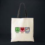 Bolsa Tote Bagles de Amor pela Paz<br><div class="desc">Bonito presente de Beagles do Amor pela Paz. Um legal design da dona do cachorro beagle para a raça que apresenta um sinal de paz e um coração. Eu adoro estes lindos cachorros.</div>