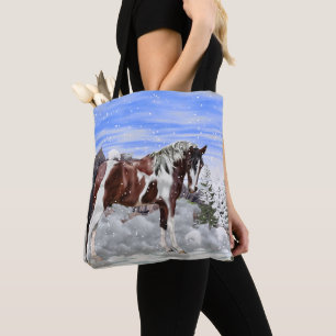 Bolsa Tote Baía e White Tobiano Paint Horse em neve