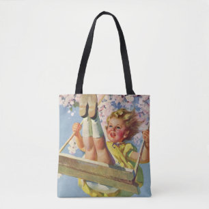 Bolsa Tote Balanço Vintage, Menina Balançando em um Balanço d