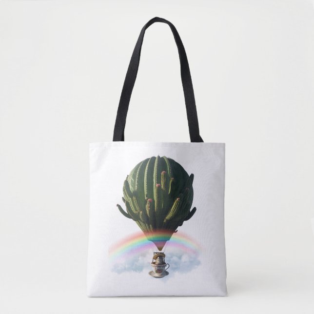 Bolsa Tote Balão de Ar Quente de Gato Surreal com Cactus e Ra (Frente)