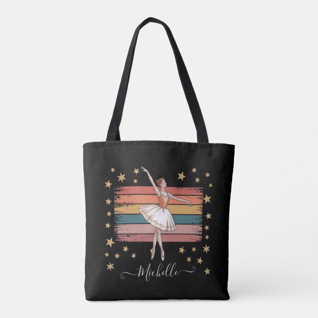 Bolsa Tote Balé de nome personalizado moderno preto Ballerina (Verso)