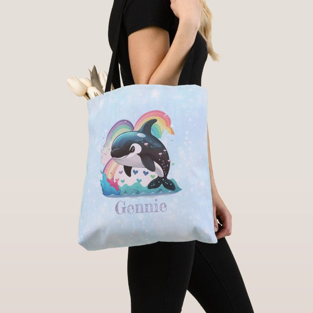 Bolsa Tote Baleia assassina de Kawaii Orca branca Rainbows Bo (Close Up)