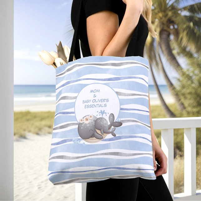Bolsa Tote Baleia Azul-Baleia Náutica Nome Verão Baby Essenti (Nautical Whale Blue Summer Name Baby Essentials Tote Bag)