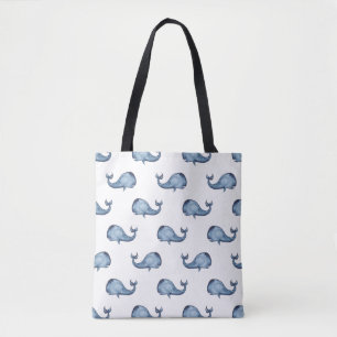 Bolsa Tote Baleia azul de aquarela. Animal oceânico. Marinho
