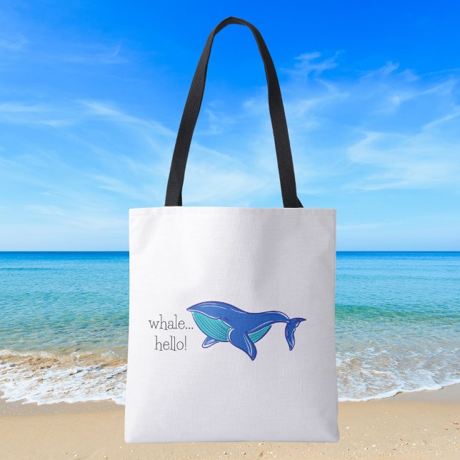 Bolsa Tote Baleia Olá / Baleia Azul Adorável na Praia Costeir (Criador carregado)
