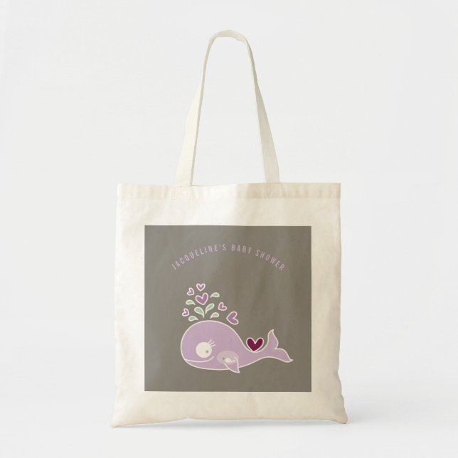 Bolsa Tote Baleia Roxa Grávida Mamãe Menina Bebê Chá de Frald (Frente)