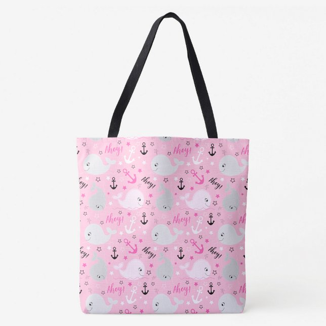 Bolsa Tote Baleias Rosa Ancoram Padrões Náuticos Do Oceano Ná (Cute Pink Whales Ahoy Tote Bag)