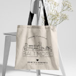 Bolsa Tote Baltimore Wedding | Linha Skyline Estilizada<br><div class="desc">Uma bolsa única para um casamento que acontece na linda cidade esmeralda de Baltimore. Este bolsa apresenta uma ilustração estilizada do horizonte único da cidade com seu nome embaixo. Esta é seguida pelas informações do dia do casamento em um estilo aberto. Este item faz parte de uma coleção de mais...</div>