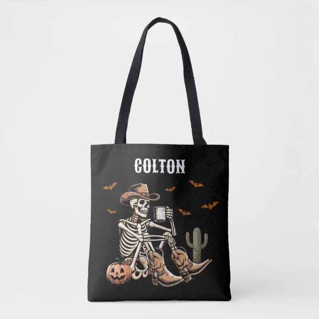 Bolsa Tote Banda de Esqueleto de Cowboy Spookboy ou Tratar (Frente)