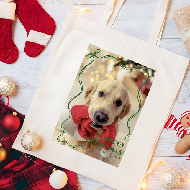 Bolsa Tote Banda Vermelha Whimsical Foto Feliz de Natal (Criador carregado)