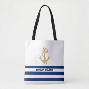 Bolsa Tote Bandas brancas azuis, Marinhos de âncora Dourada, 