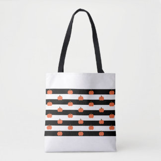 Bolsa Tote Bandas brancas e pretas com abóboras - Dia das Bru
