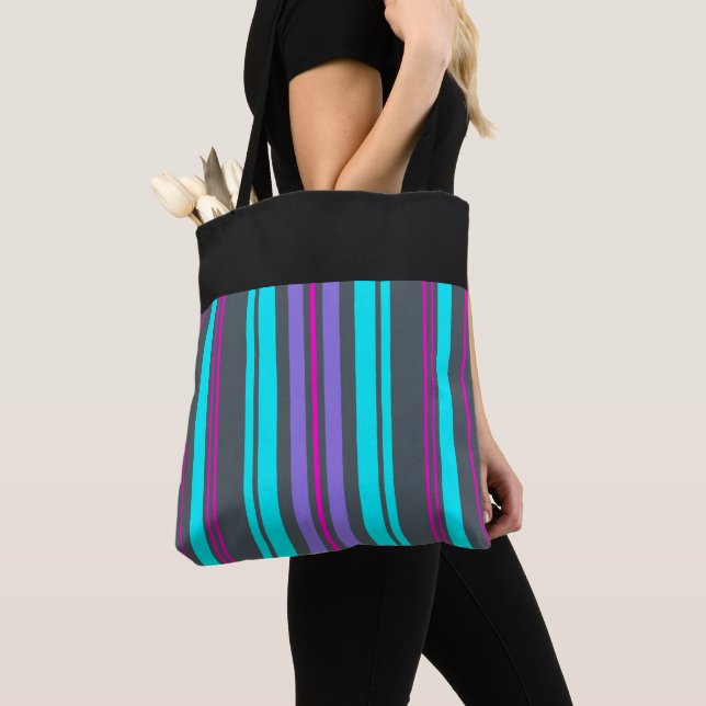 Bolsa Tote Bandas de Cinza de Turquesa de Magenta Roxo (Close Up)