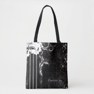 Bolsa Tote Bandas Florais Pretas e Brancas