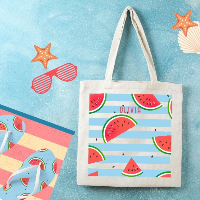 Bolsa Tote Bandas Vermelhos De Melancia Tropical Personalizad (Criador carregado)