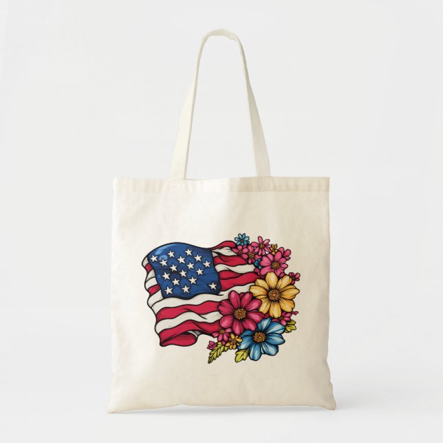 Bolsa Tote Bandeira Americana com Flores e Tote Bag Patriótic (Frente)