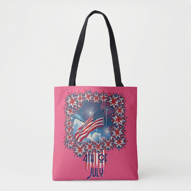 Bolsa Tote Bandeira Americana Patriótica com Fireworks - 4 de (Frente)