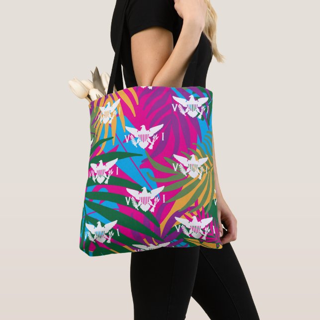 Bolsa Tote Bandeira das Ilhas Virgens dos EUA, Folhas Tropica (Close Up)