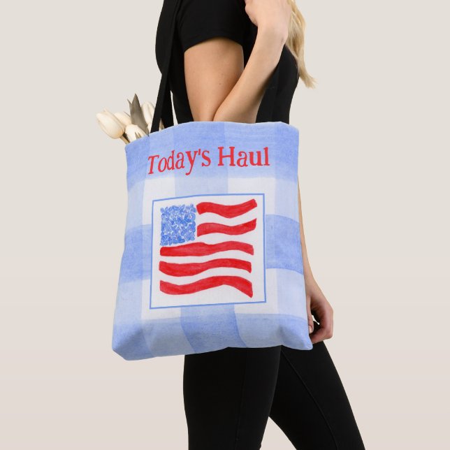 Bolsa Tote Bandeira dos EUA em aquarela com xadrez azul  (Close Up)