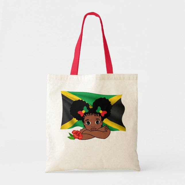 Bolsa Tote Bandeira jamaicana com flor de moça e hibisco (Frente)