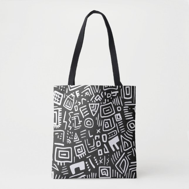 Bolsa Tote Bandeja de ferramentas de padrão Abstrato preto e  (Frente)