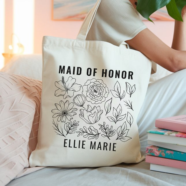 Bolsa Tote Bandeja de Madrinha de casamento Personalizada de  (maid of honor tote bag, floral tote bag, minimalist bridesmaid gift, bachelorette party bag,)