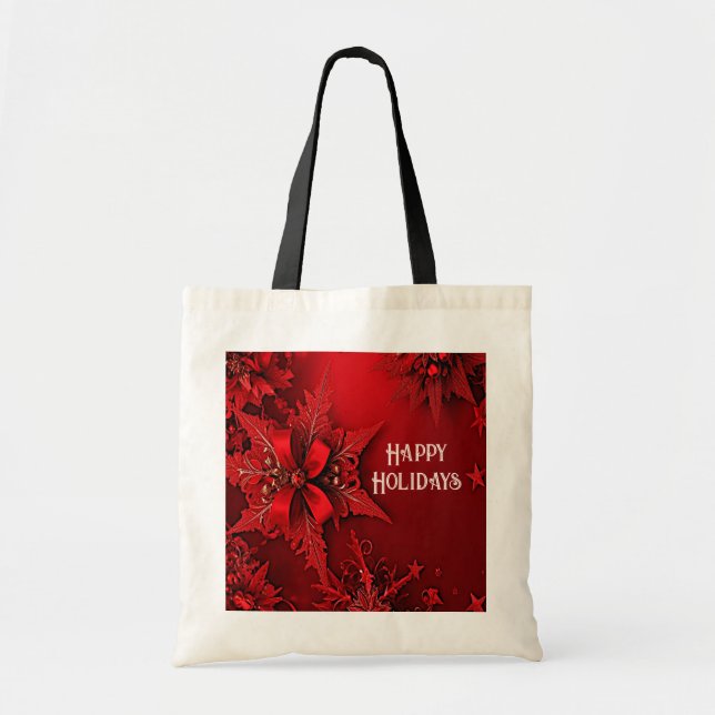 Bolsa Tote Bandeja de Natal Feriado Floral de Fita Vermelha (Frente)