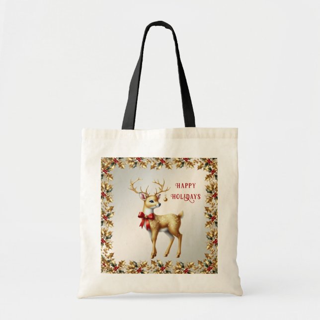 Bolsa Tote Bandeja de Tote de Feriado de Reindeer Dourada (Frente)