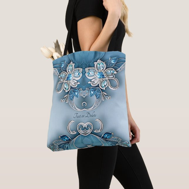 Bolsa Tote Bandeja Floral de Toques de Ornamentado Azul (Close Up)