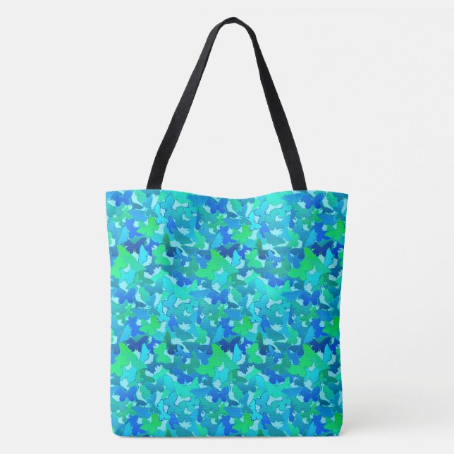 Bolsa Tote Bando de Borboletas, Turquesa, Aqua e Azul-Céu (Verso)