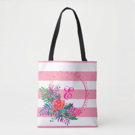 Bolsa Tote bando floral listrado personalizado com fronteira
