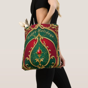 Bolsa Tote Banheira de Natal Dourado Vermelho Verde