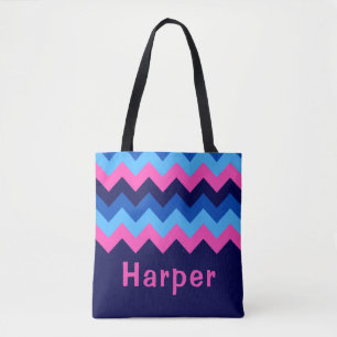 Bolsa Tote Banheira de Toque do Monograma, Cor-de-Rosa, Azul