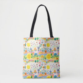 Bolsa Tote Banheira de Tota Colorida Paisagem Desenhada à Mão