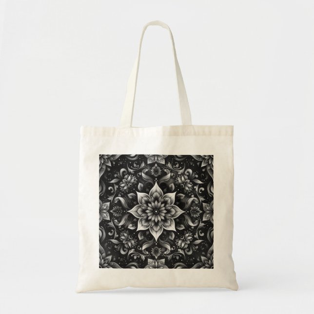 Bolsa Tote Banheira Floral Branca Preta-Ornamentado Elegante (Frente)