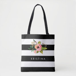 Bolsa Tote Banheira Floral de Compras com Bandas Brancas Negr