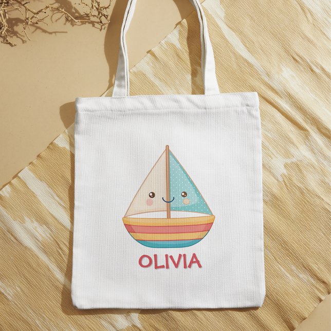 Bolsa Tote Barco à vela náutico colorido fofo (Criador carregado)
