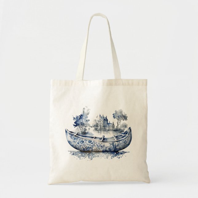 Bolsa Tote Barco estilo Delft azul e branco com cena de aldei (Frente)