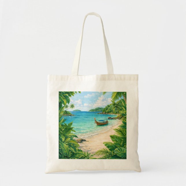 Bolsa Tote Barco Tradicional de Cauda Longa na Selva da Praia (Frente)