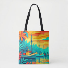 Bolsa Tote Barcos de Pesca no Pôr do Sol Tropical