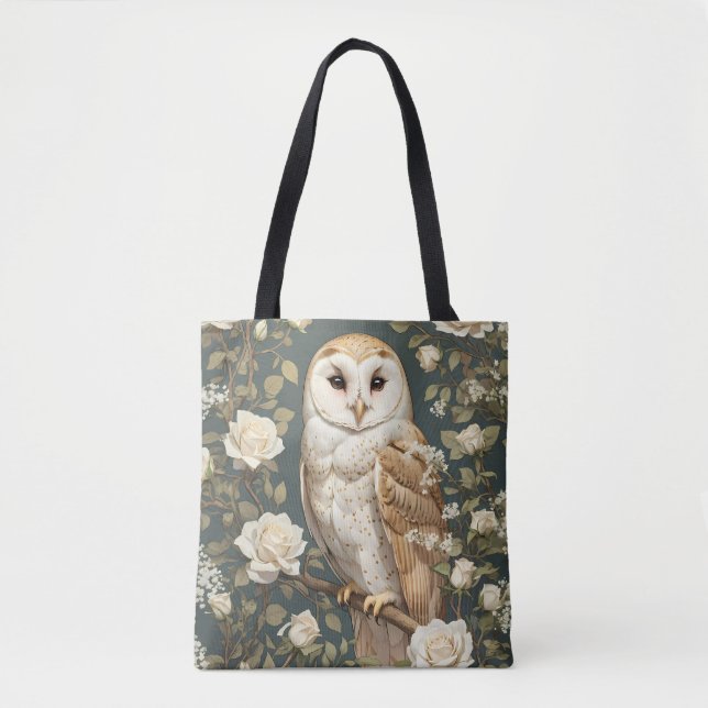 Bolsa Tote Barn Owl And White Roses William Morris Inspired (Frente)