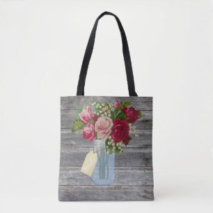 Bolsa Tote Barnwood e rosas no Tag do sorriso do frasco de