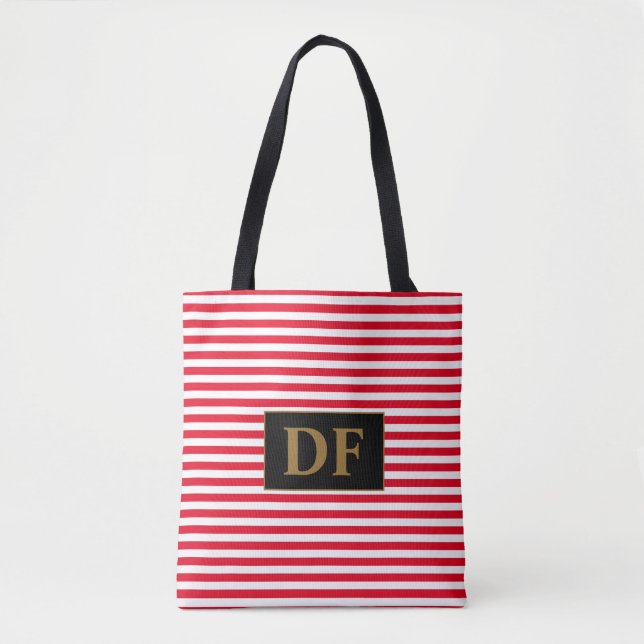 Bolsa Tote Barra de Toques Inicial Vermelho/Branco Personaliz (Frente)