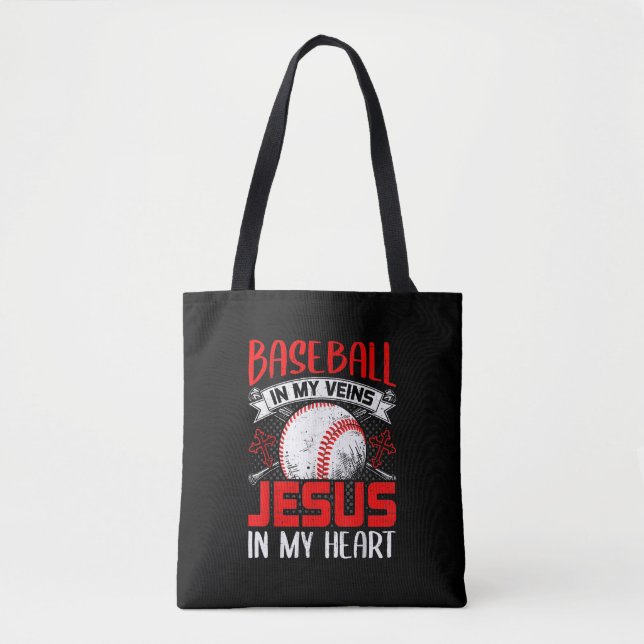 Bolsa Tote Baseball Em Minhas Veias Jesus Em Meu Coração Base (Frente)