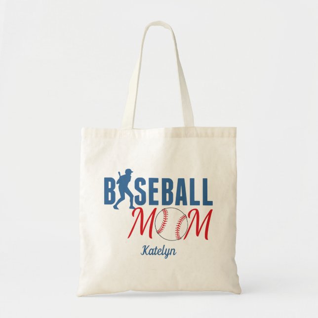 Bolsa Tote Baseball Mãe Monograma Branco Vermelho Azul (Frente)