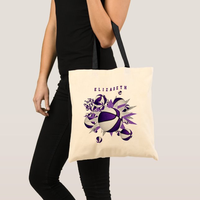 Bolsa Tote basquete branco roxo estrelas estrelas estrelas (Frente (produto))