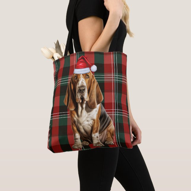 Bolsa Tote Basset Hound Christmas Dog Red Seasonal Plaid (Close Up)